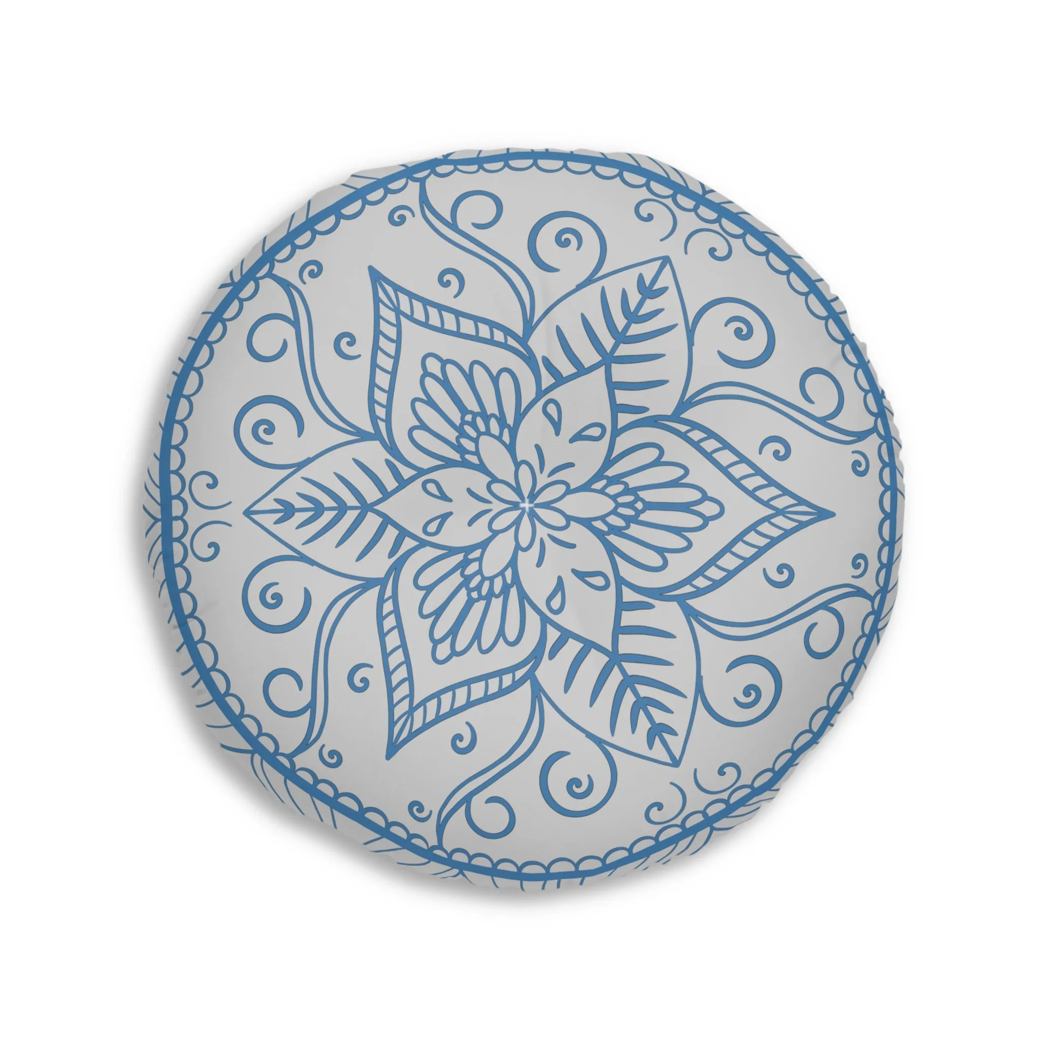 Handmade Mandala Art Floor Cushion - Steel Blue on Grey - Tufted Round