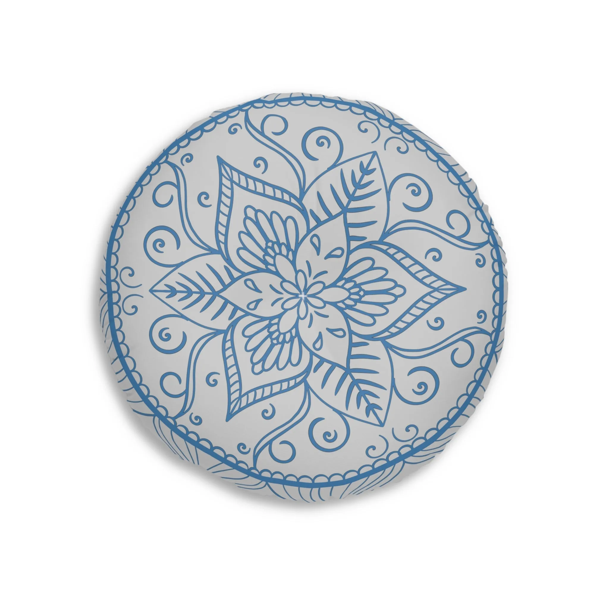 Handmade Mandala Art Floor Cushion - Steel Blue on Grey - Tufted Round