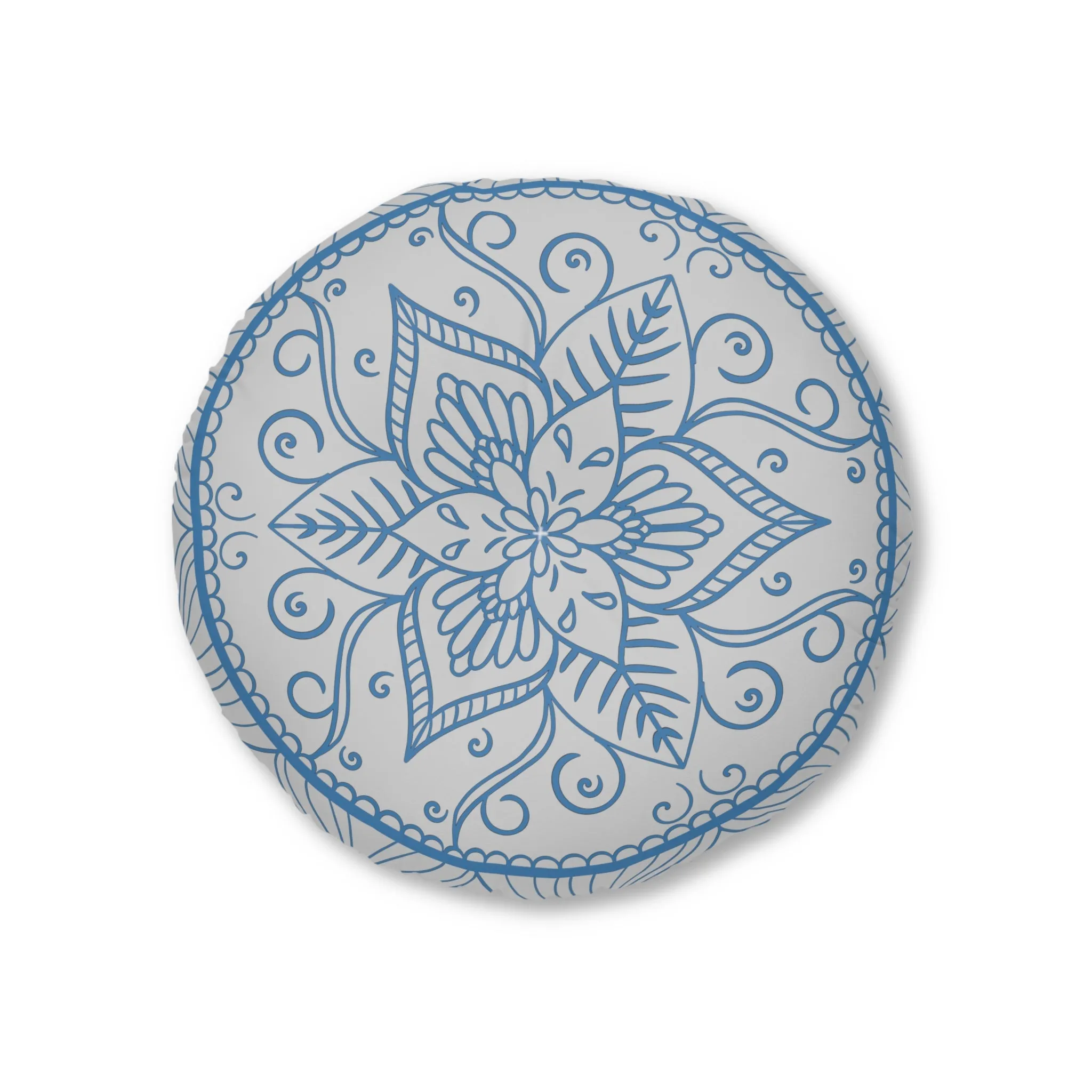 Handmade Mandala Art Floor Cushion - Steel Blue on Grey - Tufted Round