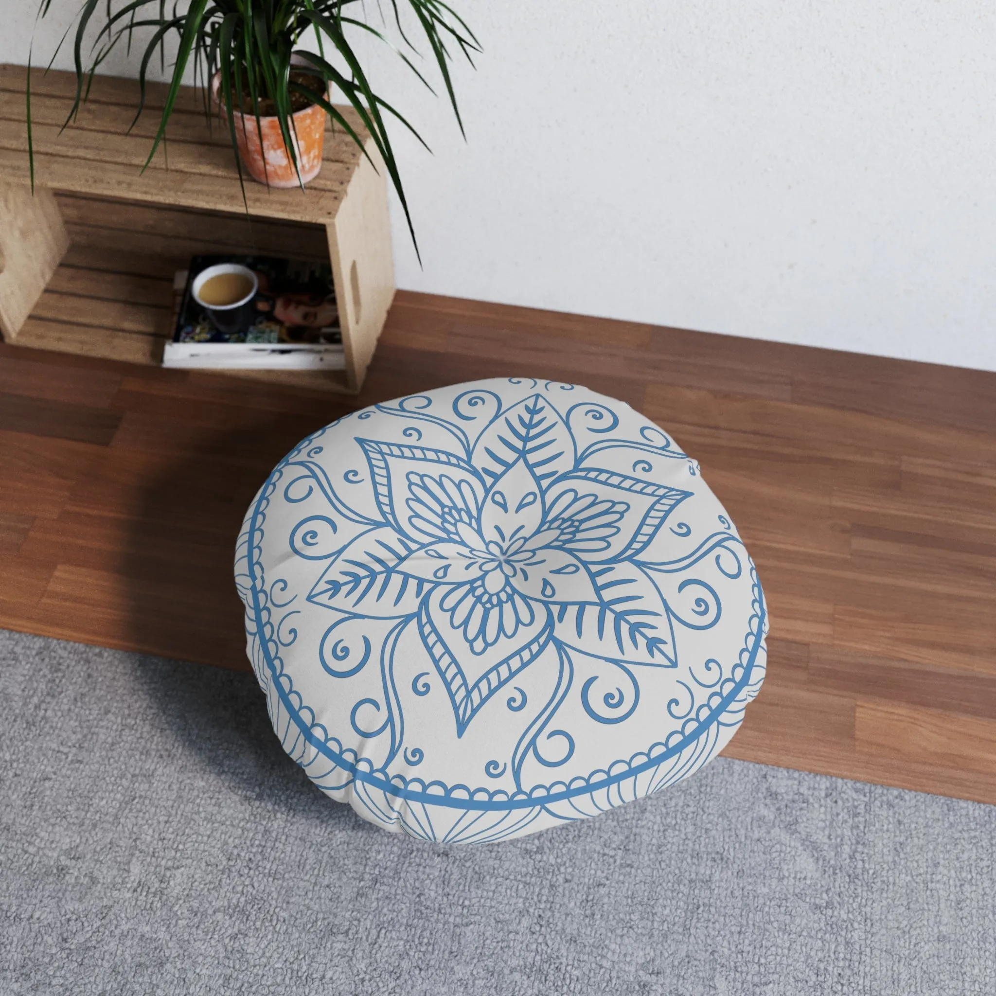 Handmade Mandala Art Floor Cushion - Steel Blue on Grey - Tufted Round