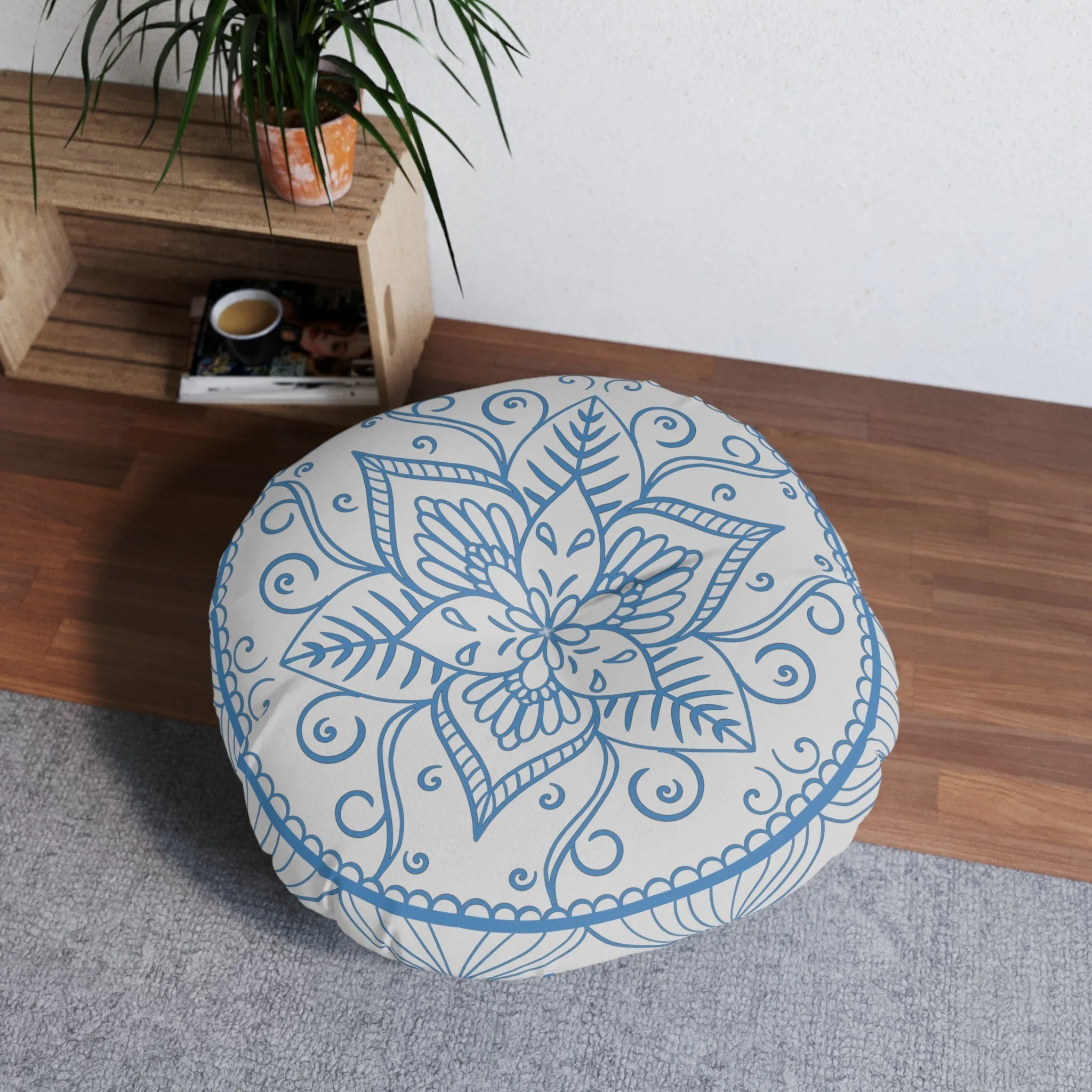 Handmade Mandala Art Floor Cushion - Steel Blue on Grey - Tufted Round