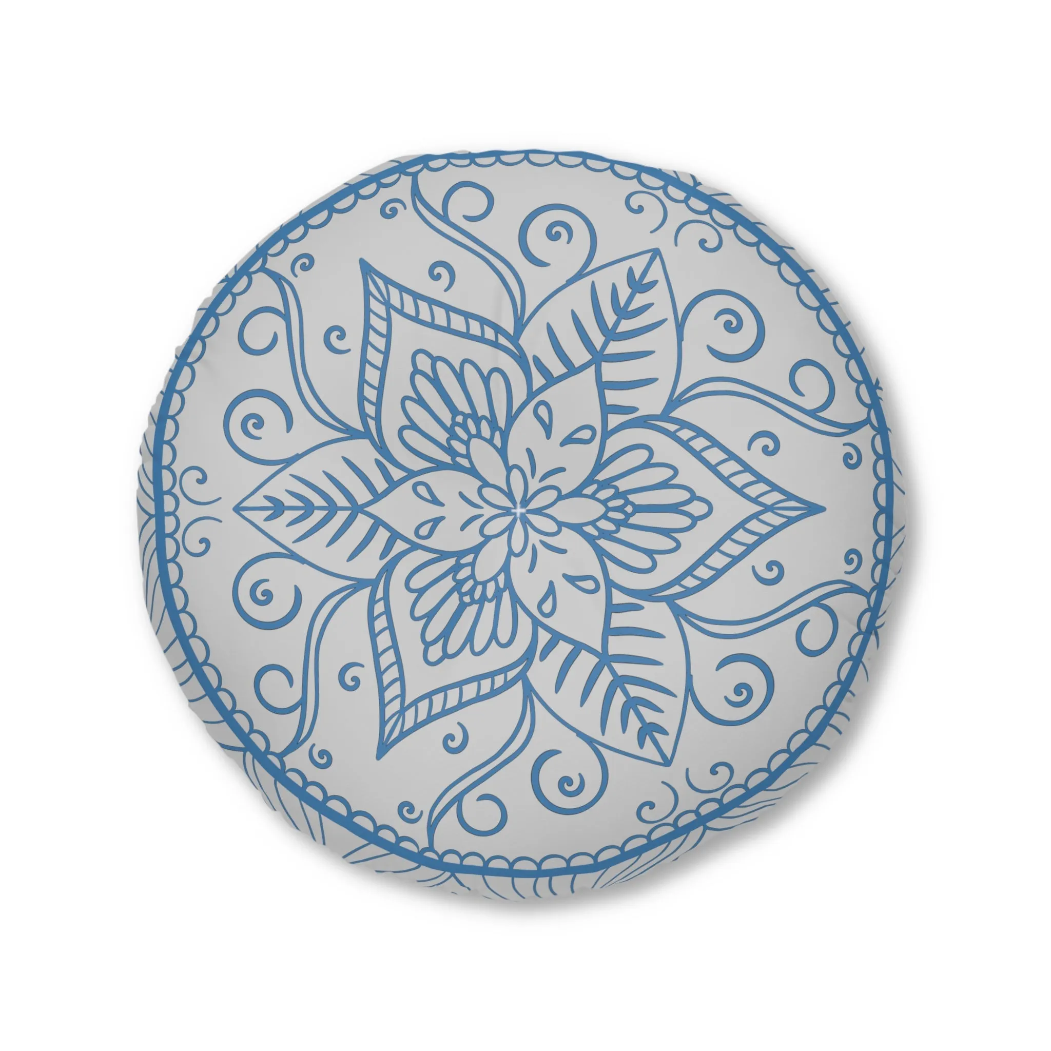 Handmade Mandala Art Floor Cushion - Steel Blue on Grey - Tufted Round