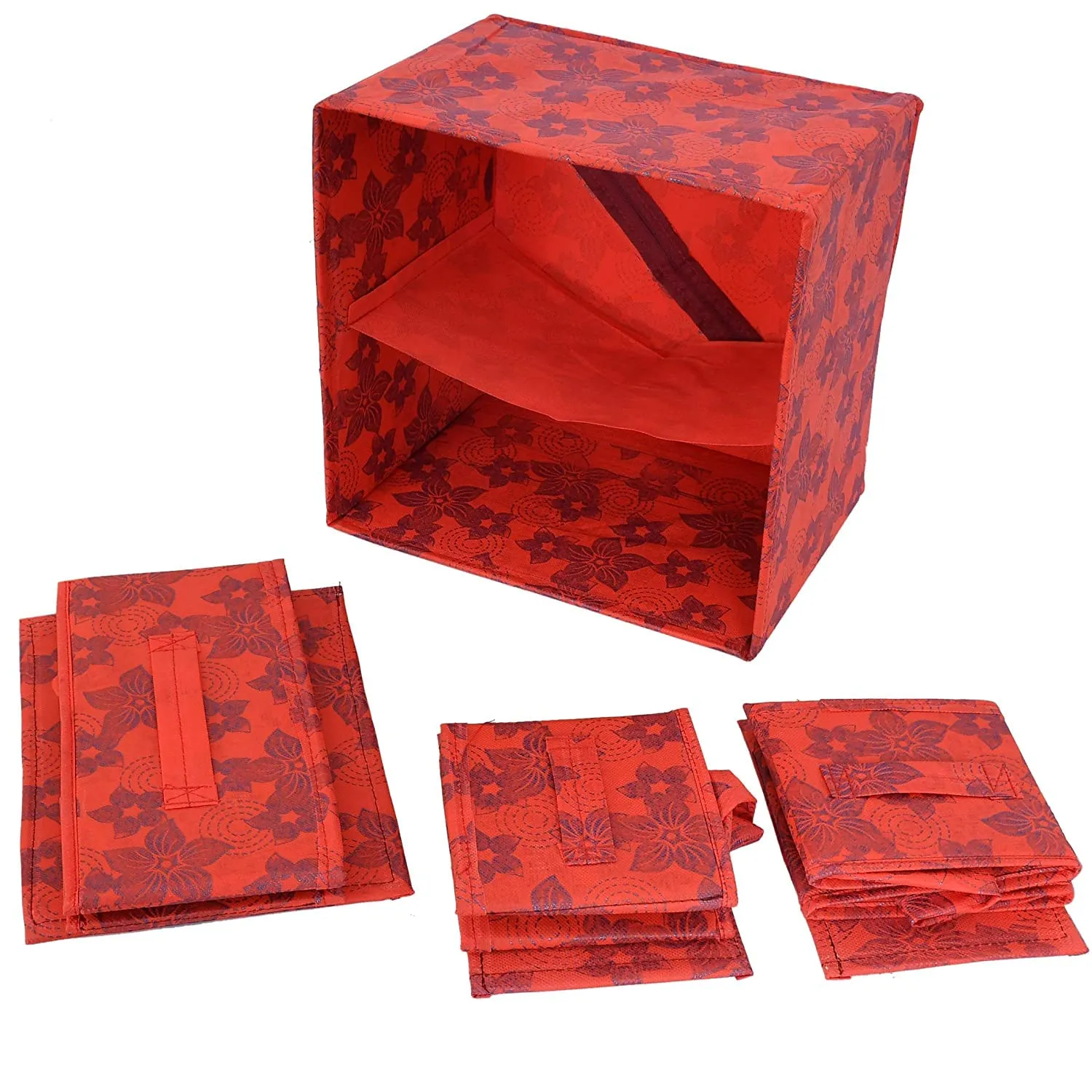 Heart Home Metallic Flower Printed Multiuses Non-Woven Foldable Organizer Box With 3 Drawers- Pack of 2 (Red)-HS43HEARTH26851