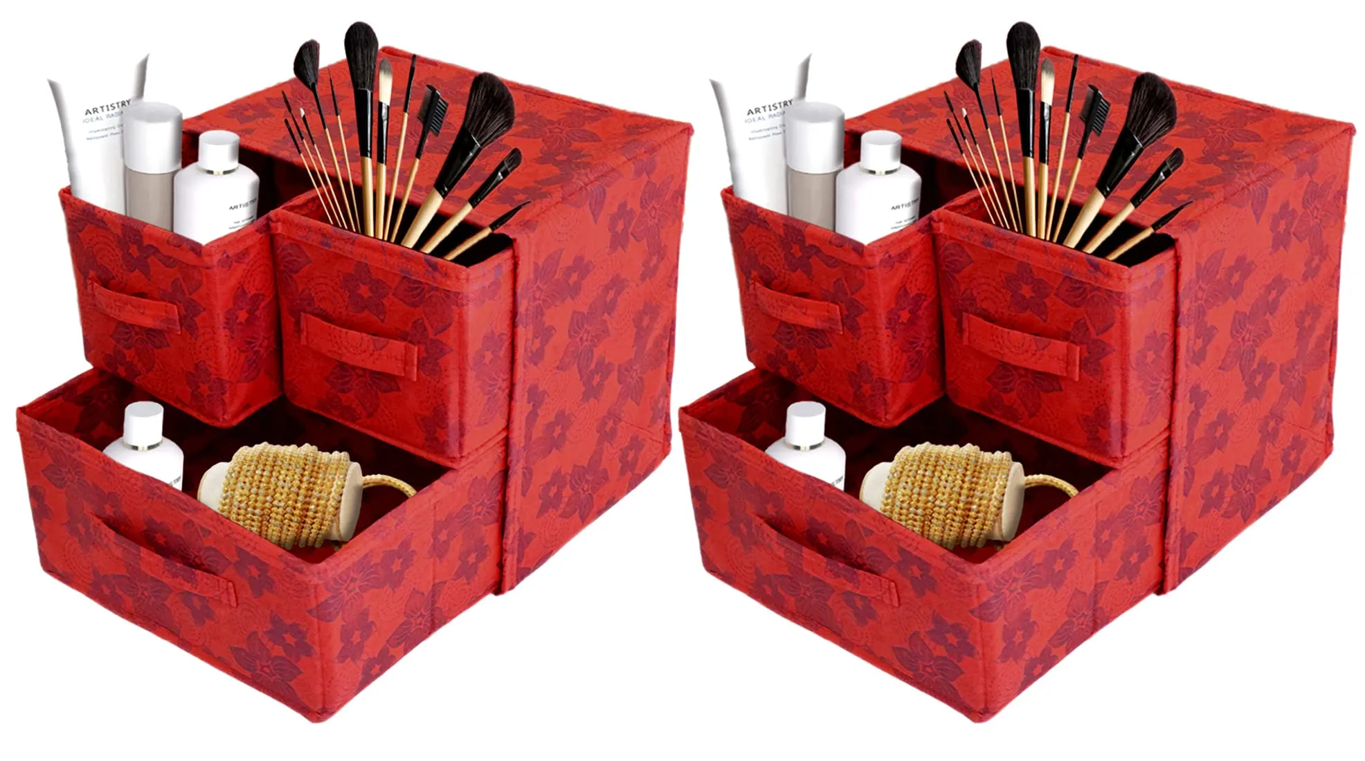 Heart Home Metallic Flower Printed Multiuses Non-Woven Foldable Organizer Box With 3 Drawers- Pack of 2 (Red)-HS43HEARTH26851