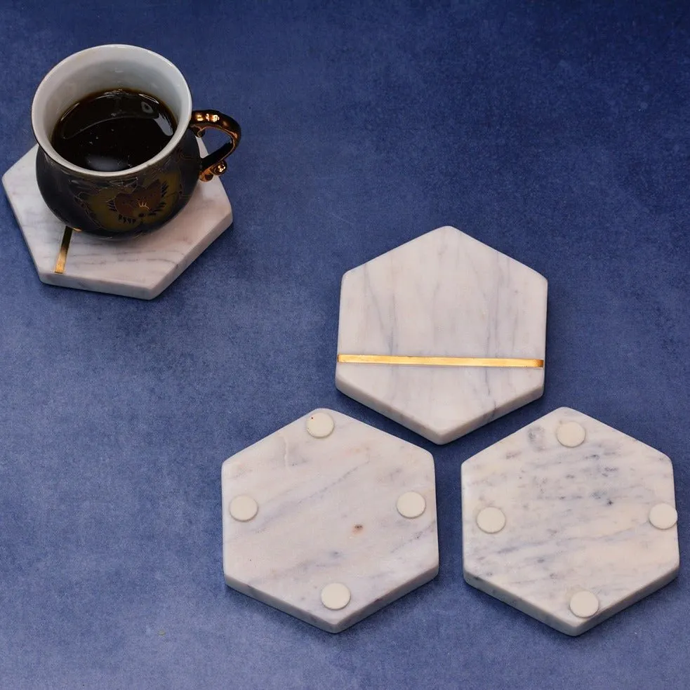 Hexagonal White Marble Inlay Coasters (Set of 4)