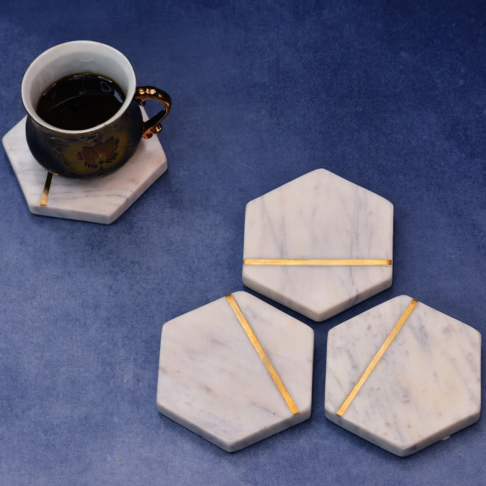 Hexagonal White Marble Inlay Coasters (Set of 4)