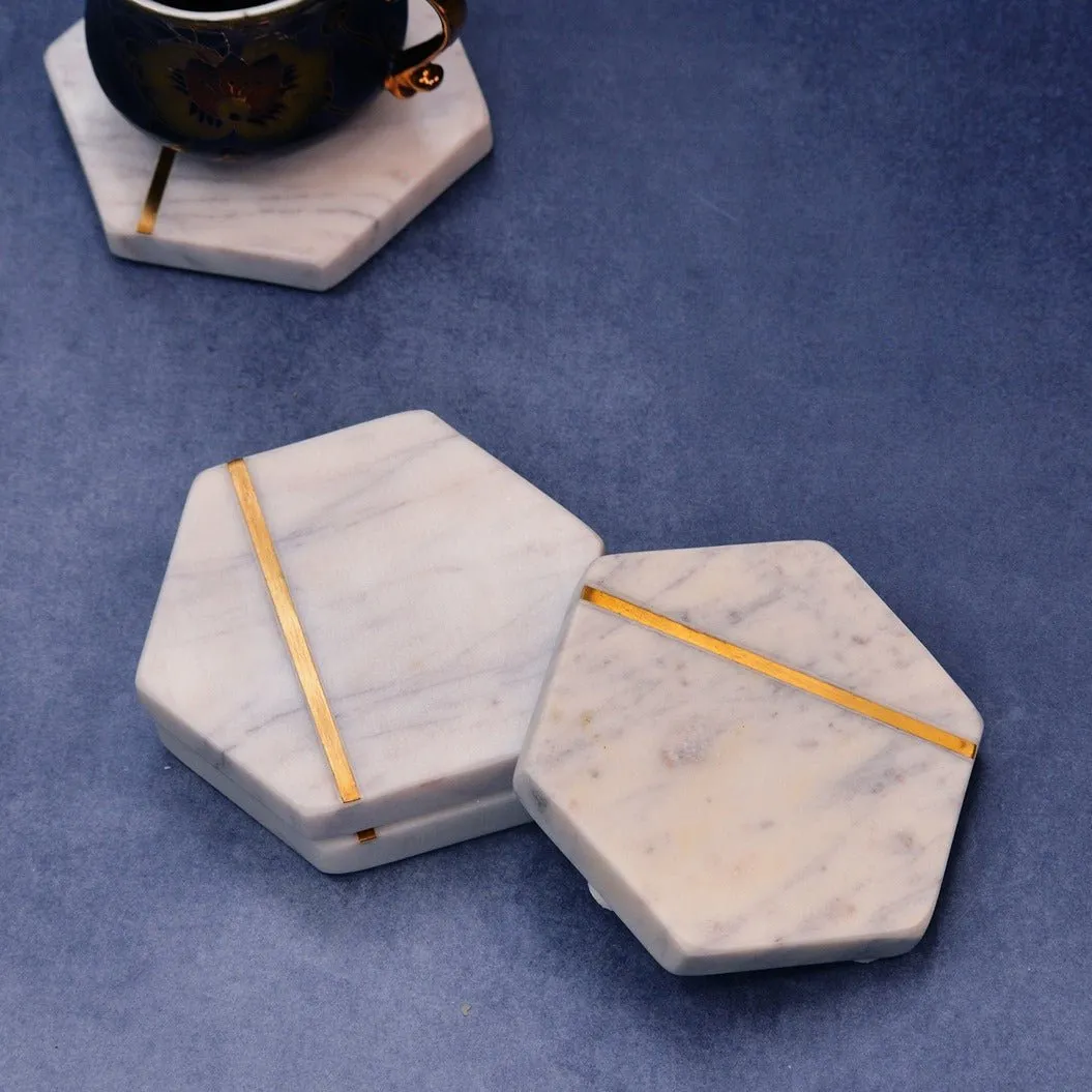 Hexagonal White Marble Inlay Coasters (Set of 4)