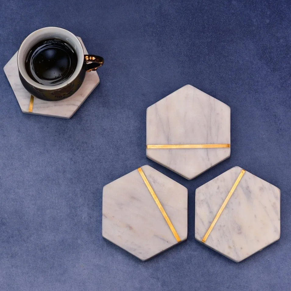 Hexagonal White Marble Inlay Coasters (Set of 4)