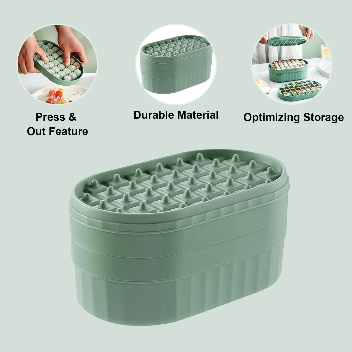 Homestic 2 Layer Ice Cube Tray with Lid | Ice Cube Storage Box with Ice Scoop | 72 Ice Cube Molds for Freezing | One-Press Demolding | BPA Free | Green