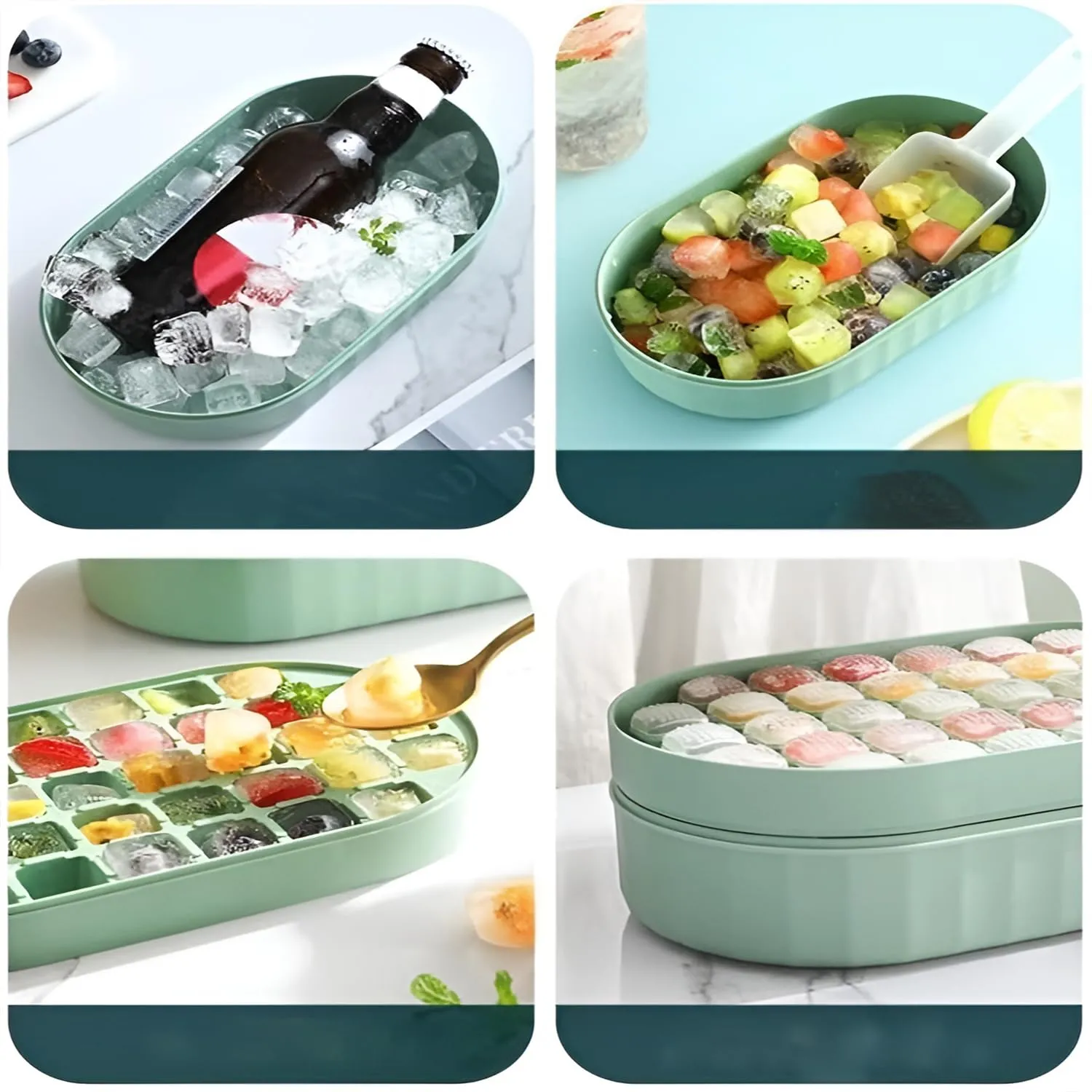 Homestic 2 Layer Ice Cube Tray with Lid | Ice Cube Storage Box with Ice Scoop | 72 Ice Cube Molds for Freezing | One-Press Demolding | BPA Free | Green