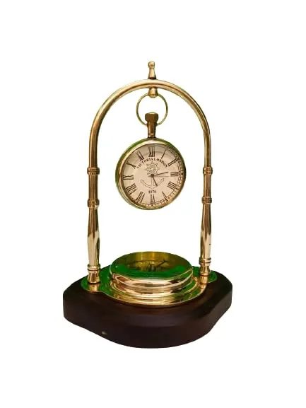 INDIAN ENTERPRISES Maritime Compass Base Nautical Table Clock Antique Brass Hanging Desk Clock Victoria London Pocket Watch