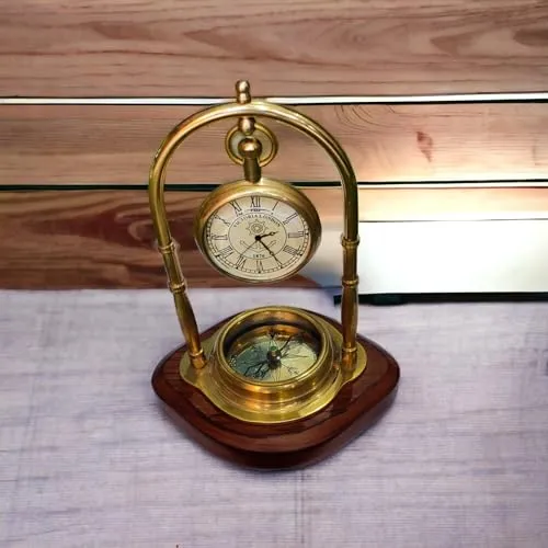 INDIAN ENTERPRISES Maritime Compass Base Nautical Table Clock Antique Brass Hanging Desk Clock Victoria London Pocket Watch