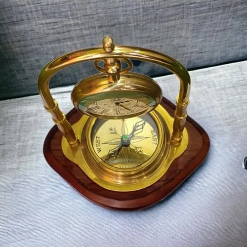 INDIAN ENTERPRISES Maritime Compass Base Nautical Table Clock Antique Brass Hanging Desk Clock Victoria London Pocket Watch