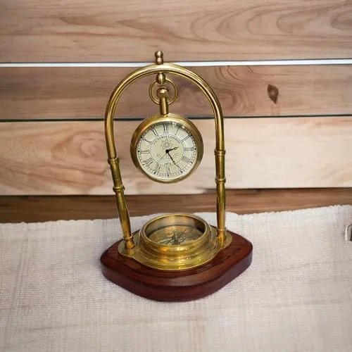 INDIAN ENTERPRISES Maritime Compass Base Nautical Table Clock Antique Brass Hanging Desk Clock Victoria London Pocket Watch