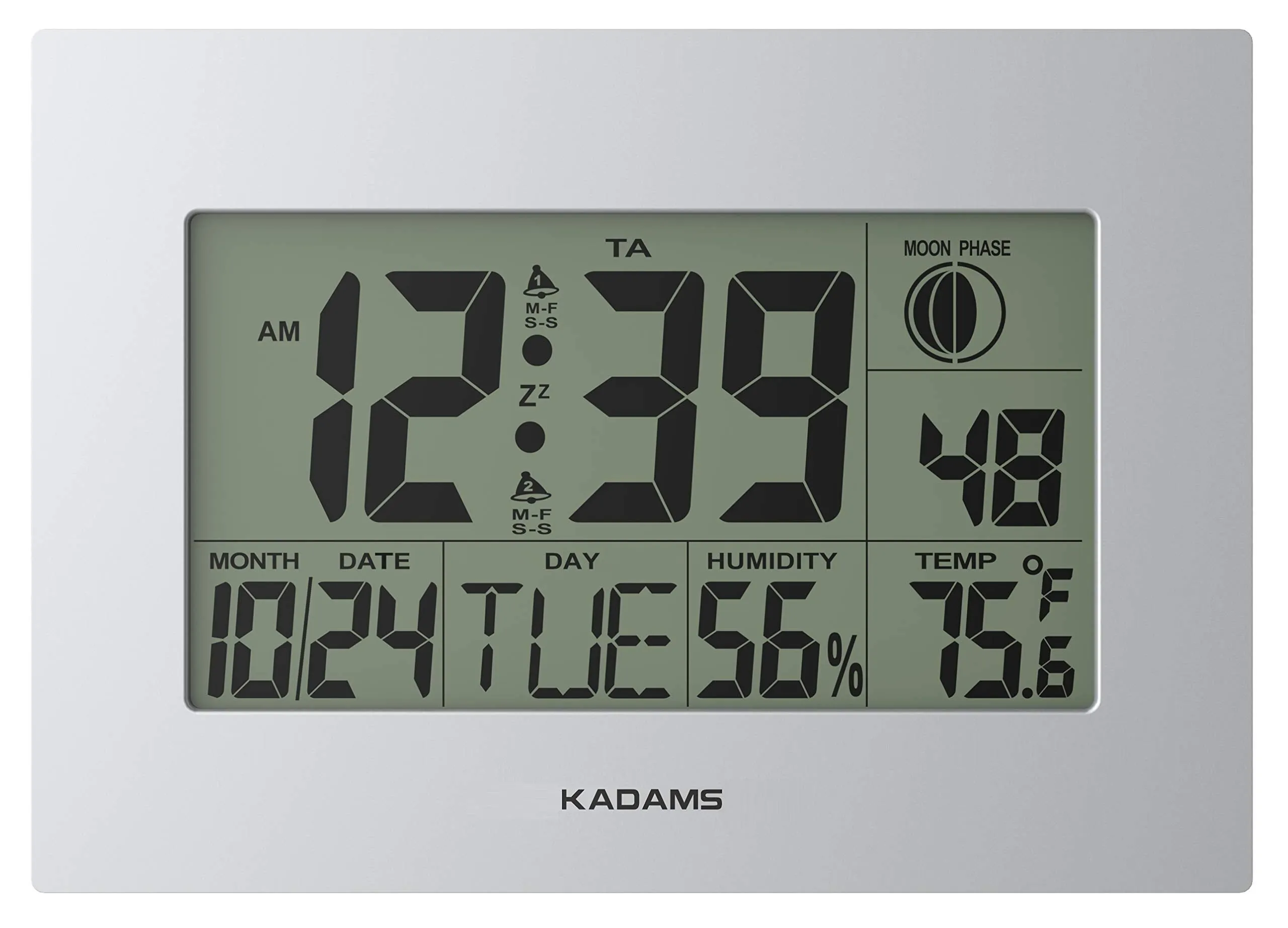 KADAMS Digital Wall Clock Alarm, Seconds Counter, Snooze, Calendar Date Day, Indoor Temperature, Humidity, Moon Phase, Large Display, Wall Hanging & Shelf Desk Clock Stand - Silver