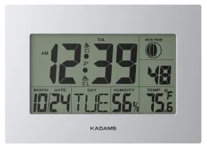 KADAMS Digital Wall Clock Alarm, Seconds Counter, Snooze, Calendar Date Day, Indoor Temperature, Humidity, Moon Phase, Large Display, Wall Hanging & Shelf Desk Clock Stand - Silver