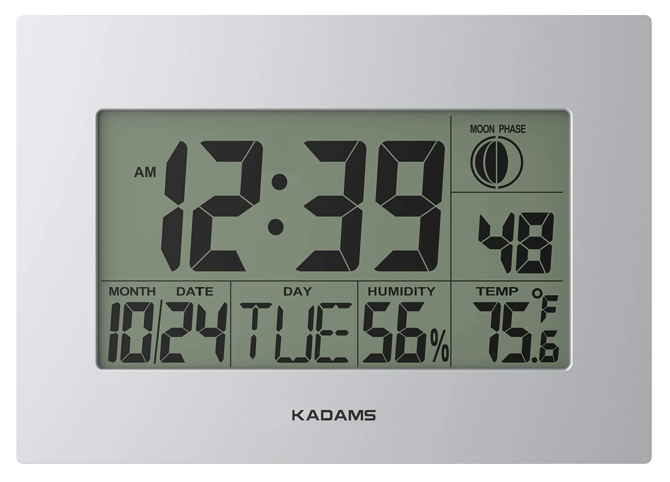 KADAMS Digital Wall Clock Alarm, Seconds Counter, Snooze, Calendar Date Day, Indoor Temperature, Humidity, Moon Phase, Large Display, Wall Hanging & Shelf Desk Clock Stand - Silver