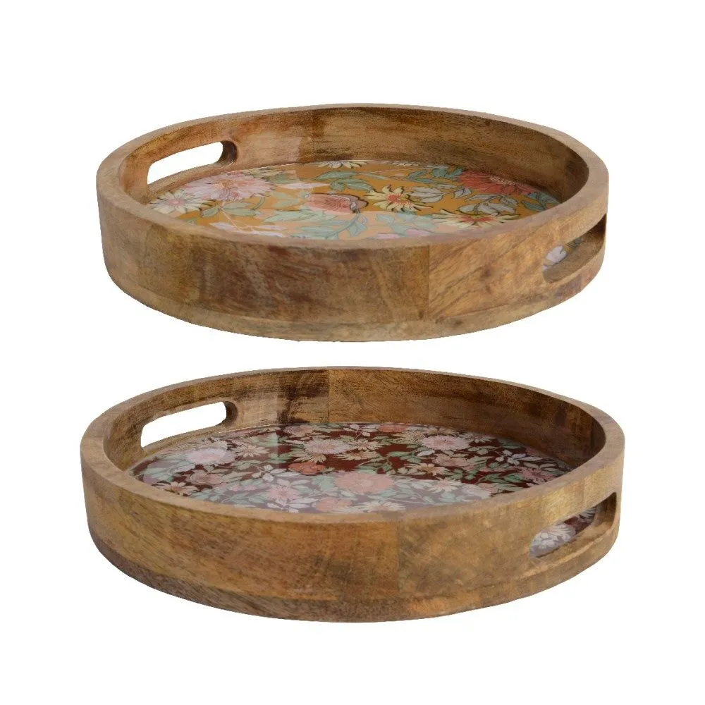 Kaemingk 30cm Mangowood Enamel Floral Print Round Tray (Choice of 2)