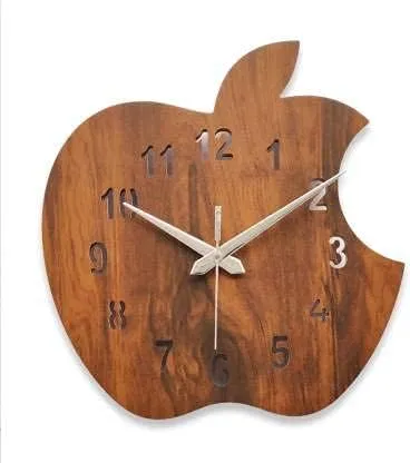 Kruzly Gift & Gallary Apple Shape Wall Clock - MDF Wooden Analog Wall Clock for Office, Home, Living Room, Bed Room, Office, Cafe, Restaurants Handcrafted Silent - Dark Brown