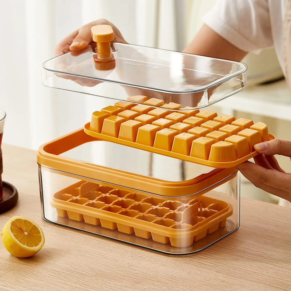 Kuber Industries Pack of 2|2 Layer Ice Cube Tray with Lid | Ice Cube Storage Box with Ice Scoop | 64 Ice Cube Molds for Freezing | One-Press Demolding | BPA Free | Orange