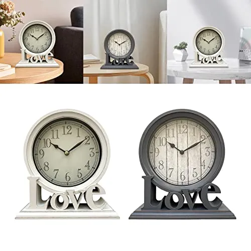 LOSA Round Desk Clock Fireplace Non Ticking Decorative Farmhouse Silent Bedside White