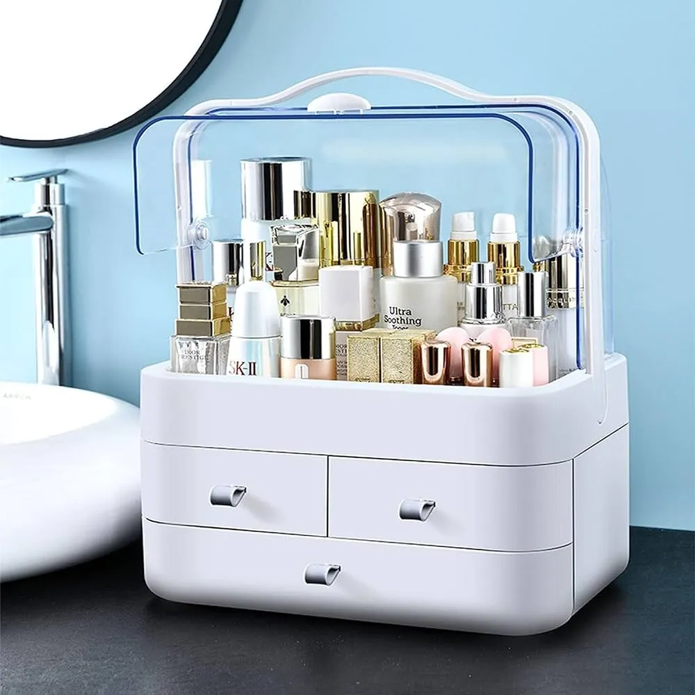 Modern Cosmetic Organizer Makeup Storage Holder, Display Make up Caddy Shelf Organization Boxes Case Dustproof, Handle and Drawer on Countertop