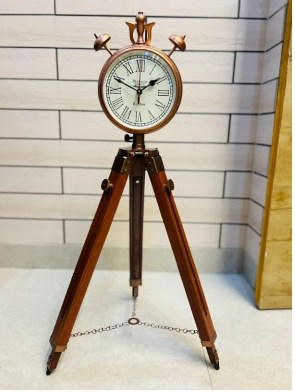 Nautical Art Wooden and Copper Antique Metal Tripod Floor Analog Clock with Stand Two Bell Prop Roman Number for Home Living Room Hall & Office Décor Handicraft Gifts Item