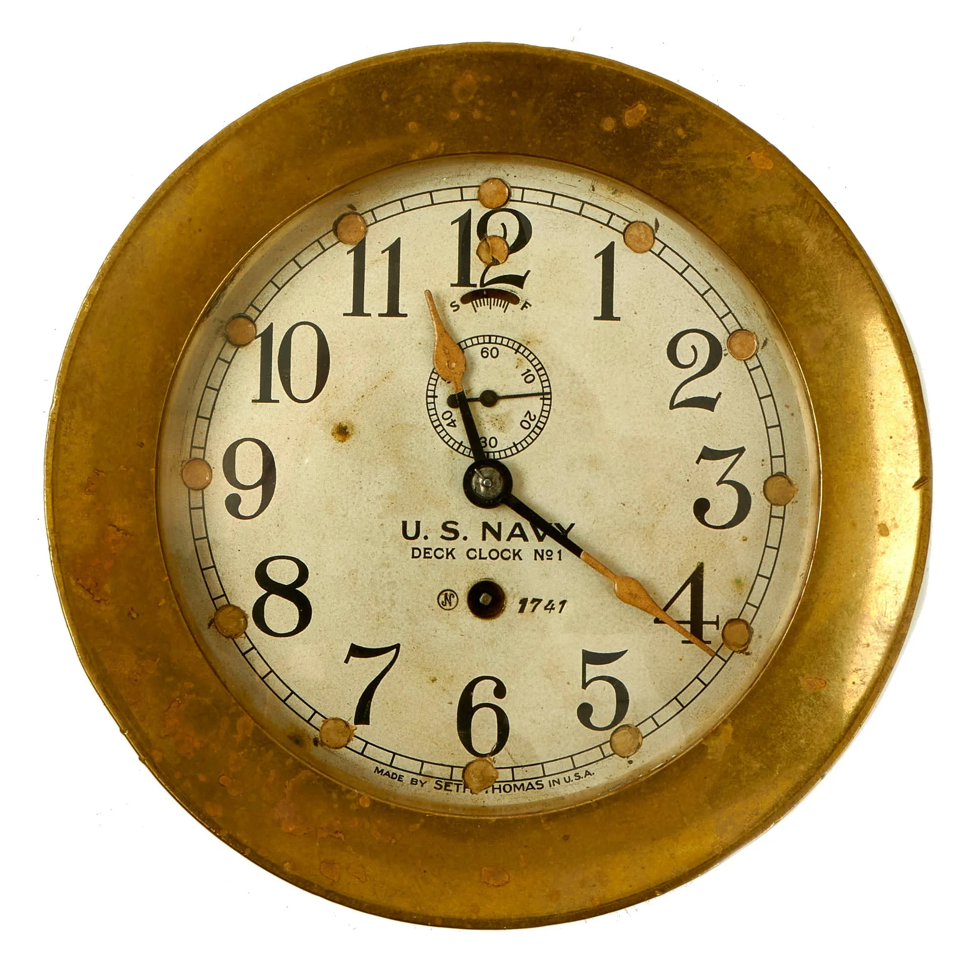 Original Rare Pre-WWII U.S. Navy Brass Ship Clock by Seth Thomas With Winding Key - Fully Functional