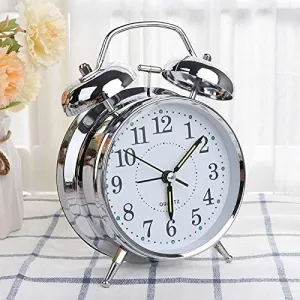 OVEERA Twin Bell Copper Table Alarm Clock with Night LED Light for Student for Kids Bedroom, Wall Mounte (Color-Silver)