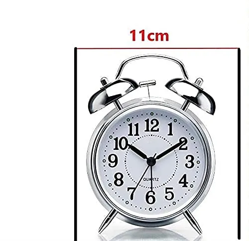 OVEERA Twin Bell Copper Table Alarm Clock with Night LED Light for Student for Kids Bedroom, Wall Mounte (Color-Silver)