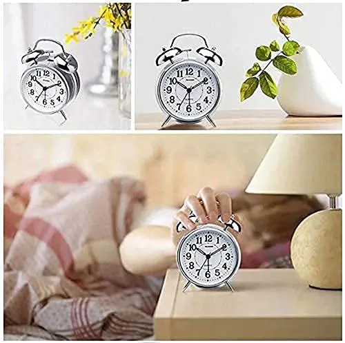 OVEERA Twin Bell Copper Table Alarm Clock with Night LED Light for Student for Kids Bedroom, Wall Mounte (Color-Silver)