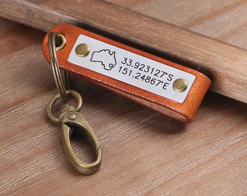 Personalized GPS Coordinates Leather Keychain for Travel Gift