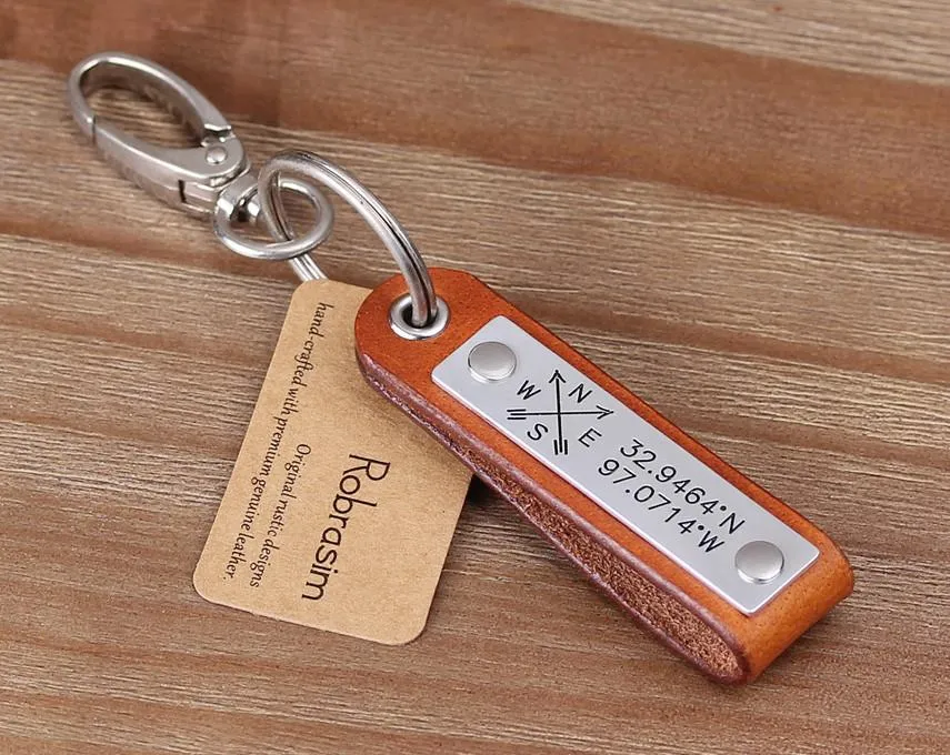 Personalized GPS Coordinates Leather Keychain for Travel Gift