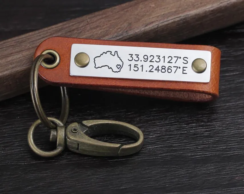 Personalized GPS Coordinates Leather Keychain for Travel Gift