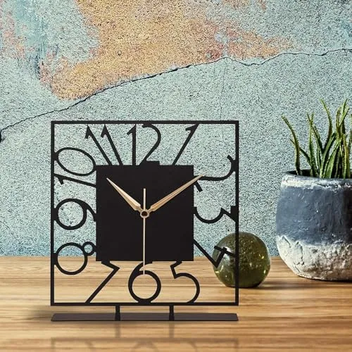 PRAMUKH FASHION Battery Operated Desk Clock Modern Metal Desk Clock Reloj de Escritorio para Oficina Pequeña y Tranquila Junto a La Cama Desk Metal Clock (Black) (Piazza)