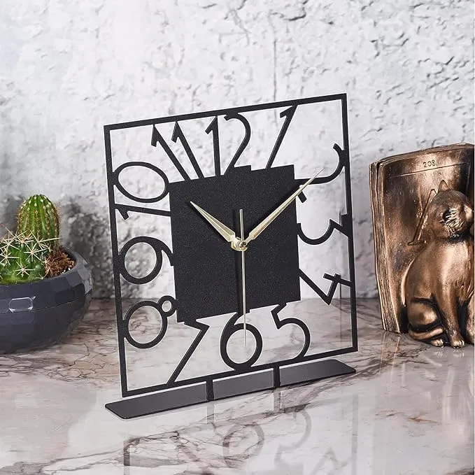 PRAMUKH FASHION Battery Operated Desk Clock Modern Metal Desk Clock Reloj de Escritorio para Oficina Pequeña y Tranquila Junto a La Cama Desk Metal Clock (Black) (Piazza)