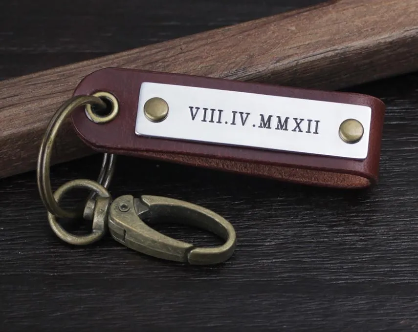 Roman Numeral Engraved Leather Keychain/Key Ring