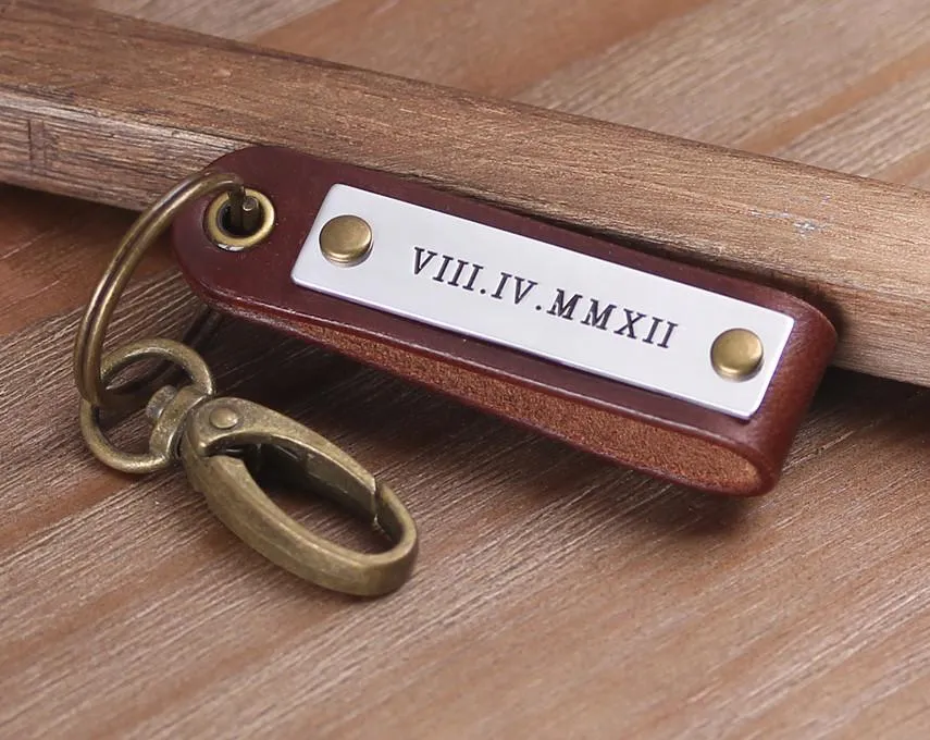 Roman Numeral Engraved Leather Keychain/Key Ring