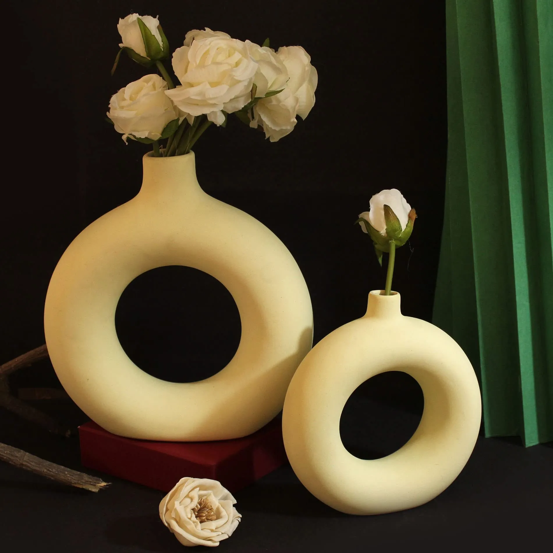 TIED RIBBONS Decorative Donut Ceramic Vase Set of 2 for Pampas Grass Flower Plants Home Decor Living Room Bedroom Bathroom Table Round Shaped Vases Decoration Items (Light Yellow, 8.5 & 6 Inch)