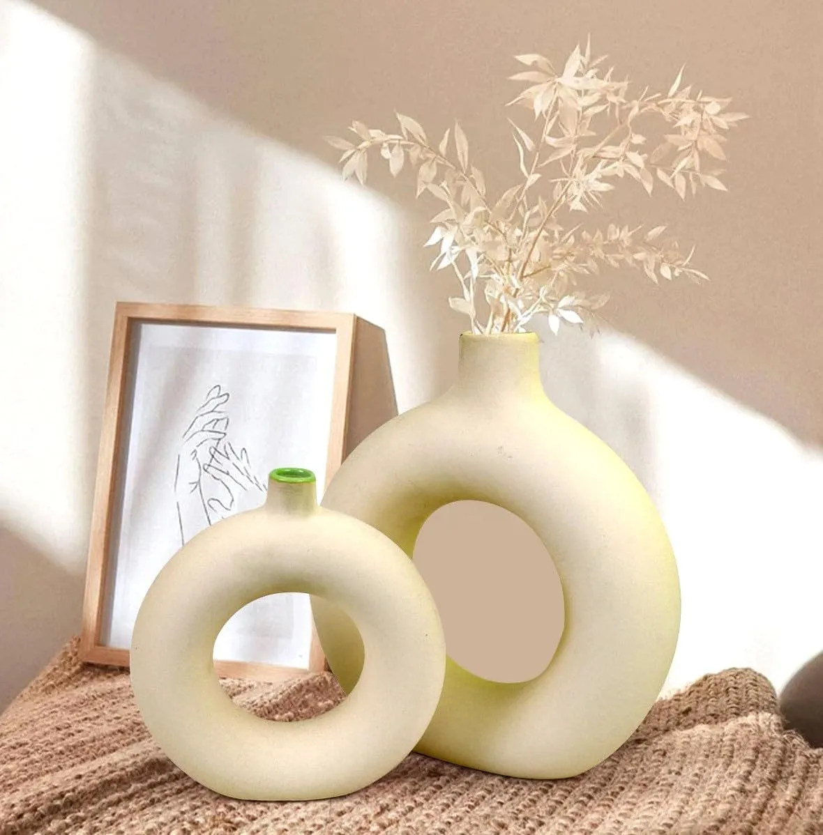 TIED RIBBONS Decorative Donut Ceramic Vase Set of 2 for Pampas Grass Flower Plants Home Decor Living Room Bedroom Bathroom Table Round Shaped Vases Decoration Items (Light Yellow, 8.5 & 6 Inch)