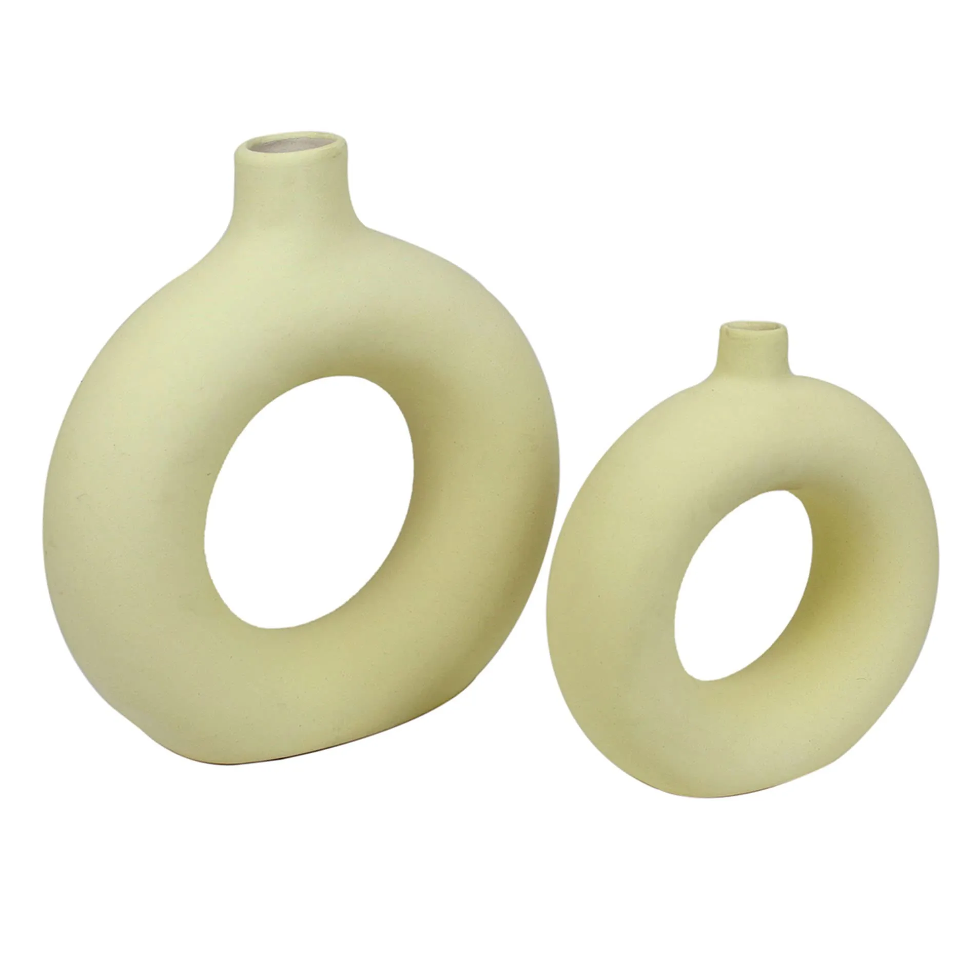 TIED RIBBONS Decorative Donut Ceramic Vase Set of 2 for Pampas Grass Flower Plants Home Decor Living Room Bedroom Bathroom Table Round Shaped Vases Decoration Items (Light Yellow, 8.5 & 6 Inch)