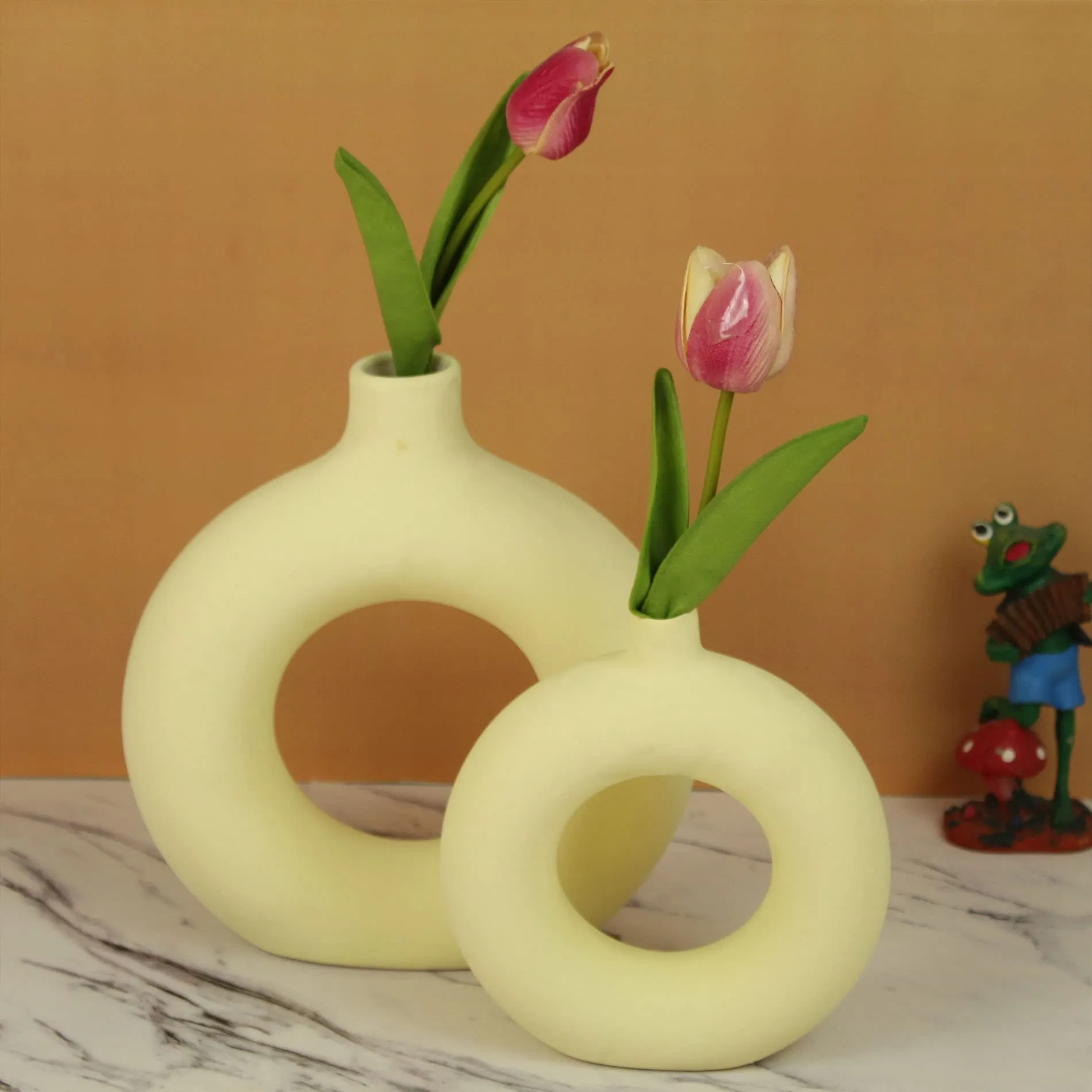 TIED RIBBONS Decorative Donut Ceramic Vase Set of 2 for Pampas Grass Flower Plants Home Decor Living Room Bedroom Bathroom Table Round Shaped Vases Decoration Items (Light Yellow, 8.5 & 6 Inch)