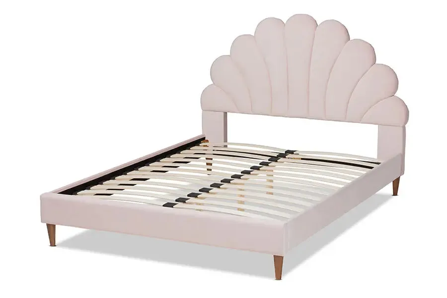 Tristan Light Pink Velvet Walnut Brown Seashell Shaped Platform Bed (Queen)