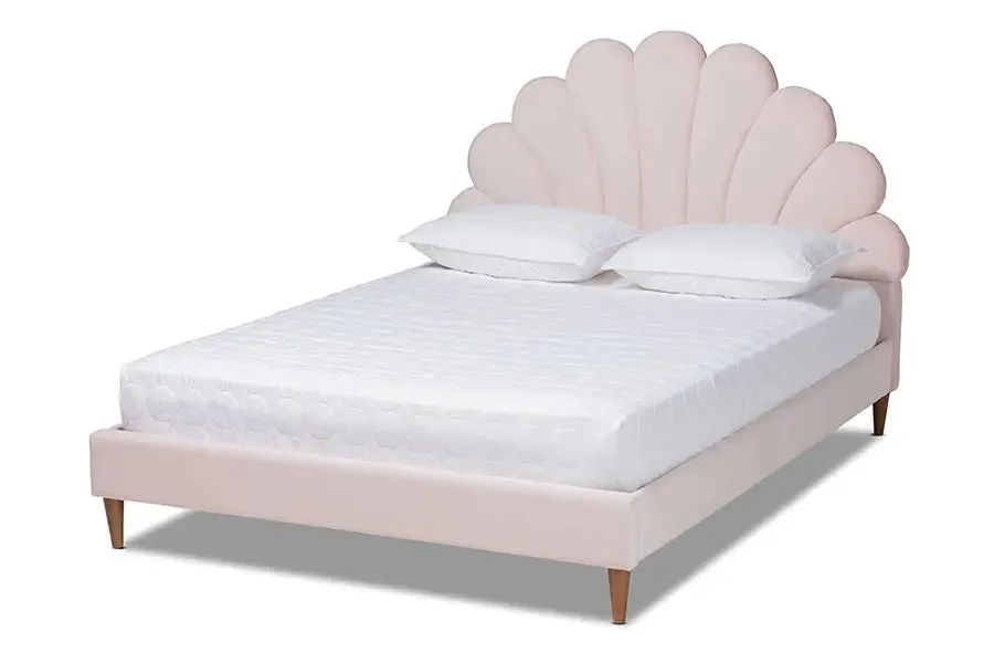 Tristan Light Pink Velvet Walnut Brown Seashell Shaped Platform Bed (Queen)