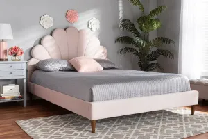 Tristan Light Pink Velvet Walnut Brown Seashell Shaped Platform Bed (Queen)