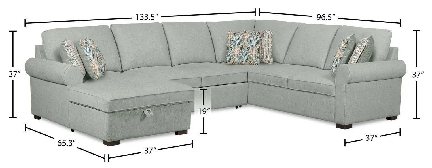 Valley 3-Piece Chenille Left-Facing Sleeper Sectional - Seafoam